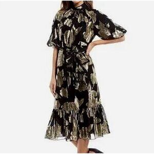 Alex Marie Bailey Tiered Puff Sleeve Midi Womens 2 Black Gold